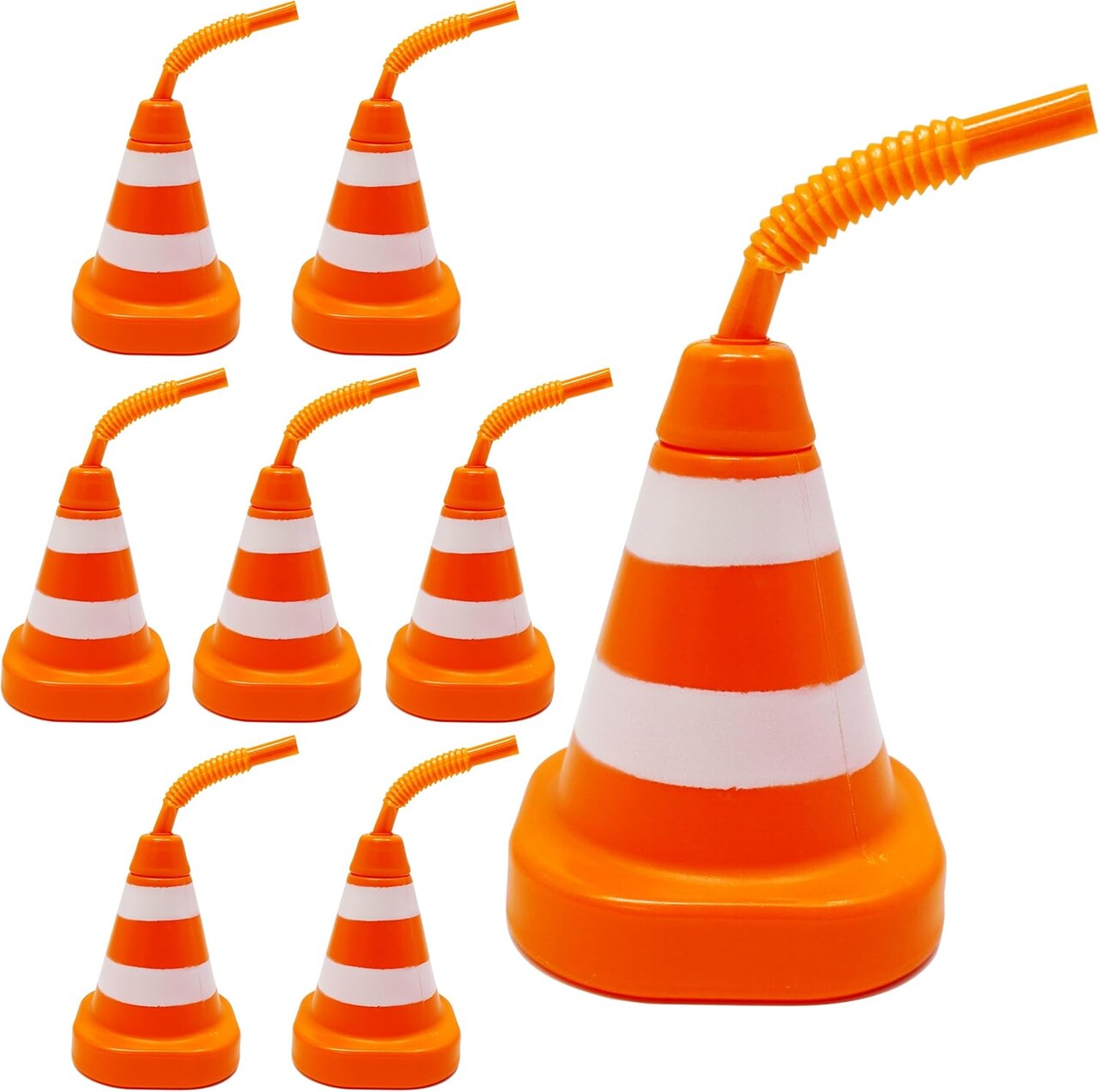4E's Novelty 8-Pack Construction Cone Cups, 10oz Plastic Cup with Lid & Straws, Construction Theme Party Cups